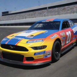 A Mustang car recast in a NASCAR style, featuring dynamic colors, race-specific alterations, and garnished with various sponsor logos.