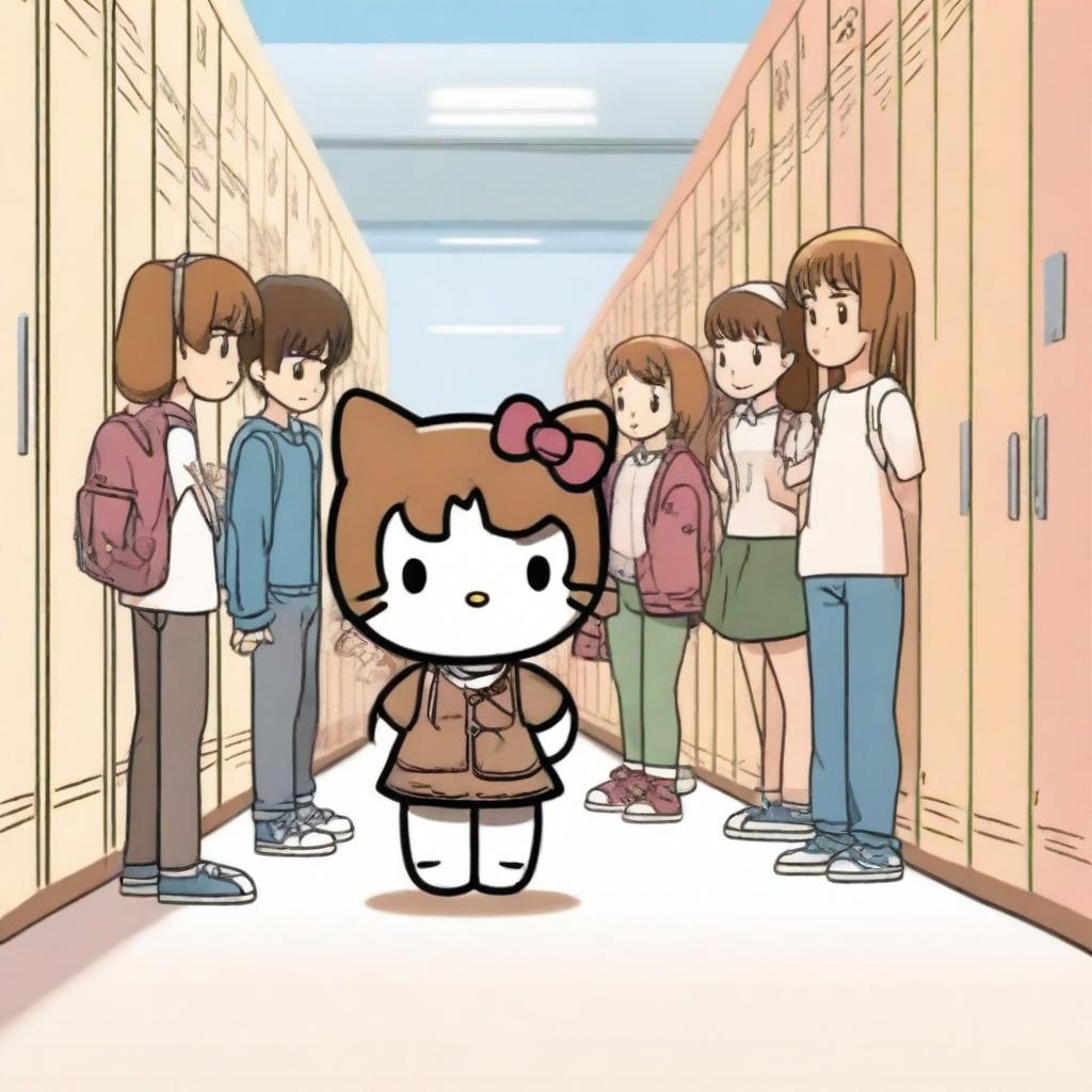 A brown-haired Hello Kitty character is being bullied at a high school