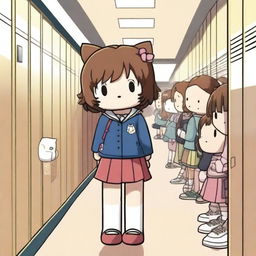 A brown-haired Hello Kitty character is being bullied at a high school