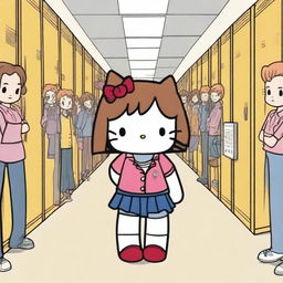 A brown-haired Hello Kitty character is being bullied at a high school