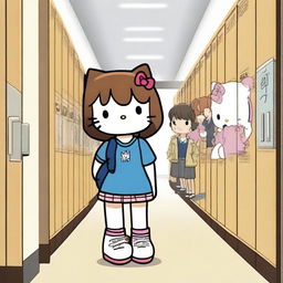 A brown-haired Hello Kitty character is being bullied at a high school