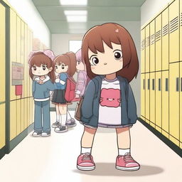 A 3D-rendered brown-haired Hello Kitty character is being bullied at a high school