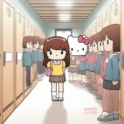 A 3D-rendered brown-haired Hello Kitty character is being bullied at a high school