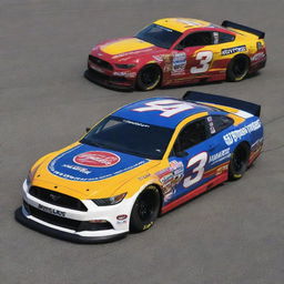 A Mustang car recast in a NASCAR style, featuring dynamic colors, race-specific alterations, and garnished with various sponsor logos.