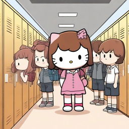 A 3D-rendered brown-haired Hello Kitty character is being bullied at a high school