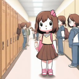 A 3D-rendered brown-haired Hello Kitty character is being bullied at a high school