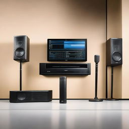 Create a detailed and visually appealing image showcasing the Q-SYS audio system by QSC