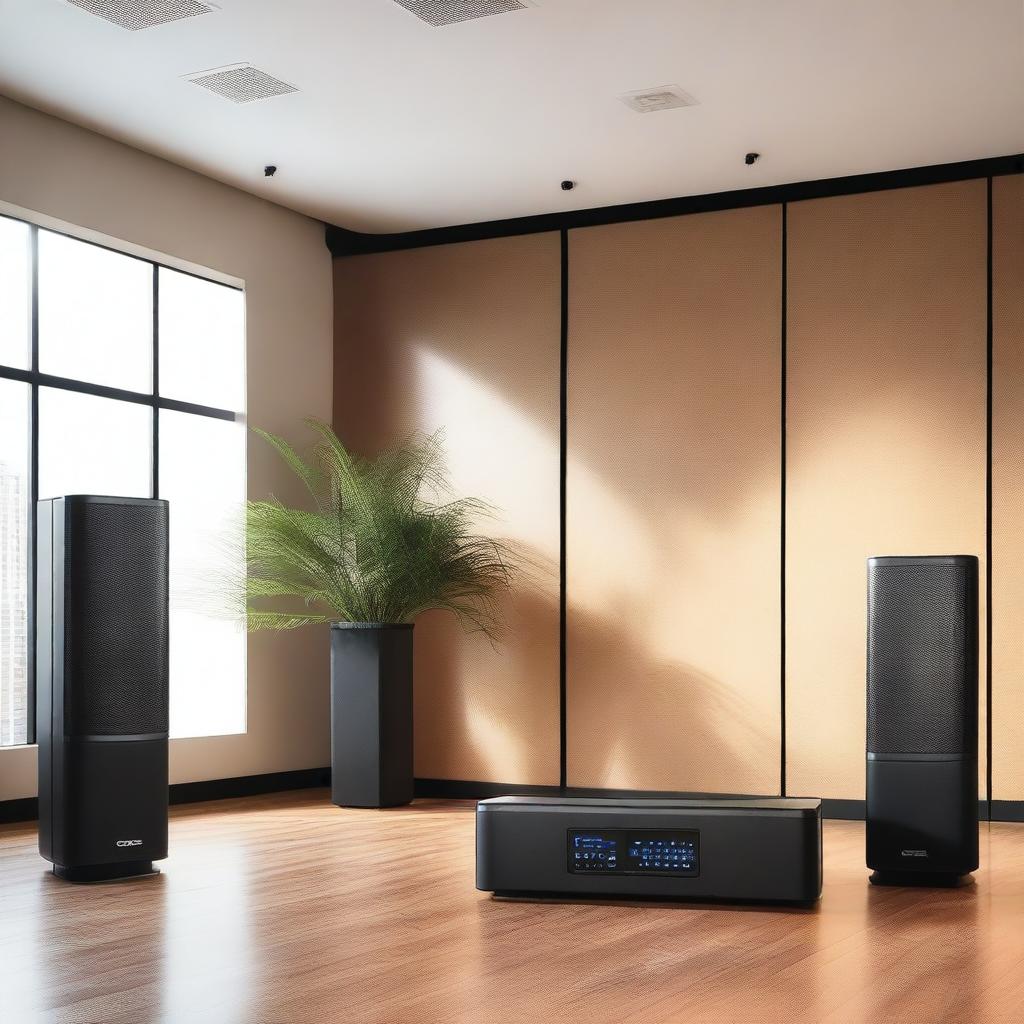 Create a detailed and visually appealing image showcasing the Q-SYS audio system by QSC