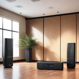 Create a detailed and visually appealing image showcasing the Q-SYS audio system by QSC