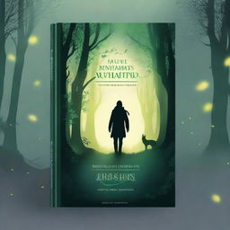 Create a captivating ebook cover featuring a mysterious forest with glowing lights and a silhouette of a lone wanderer