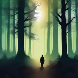 Create a captivating ebook cover featuring a mysterious forest with glowing lights and a silhouette of a lone wanderer