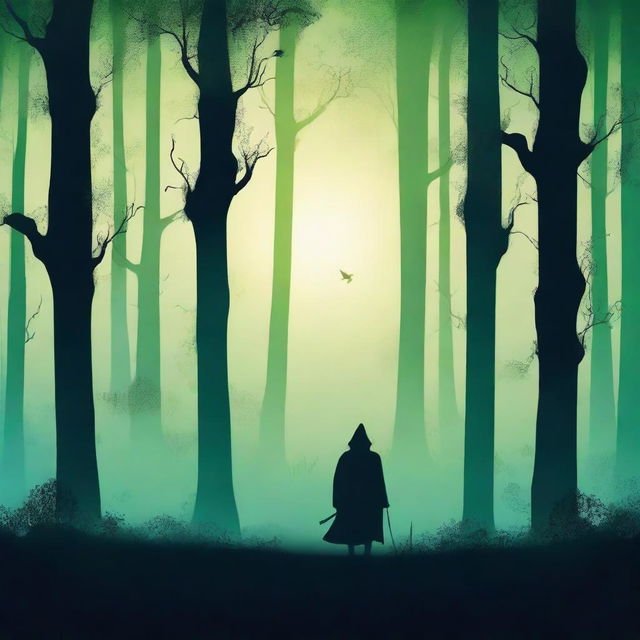 Create a captivating ebook cover featuring a mysterious forest with glowing lights and a silhouette of a lone wanderer