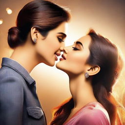 A detailed, realistic depiction of Kriti Sanon kissing Kiara Advani