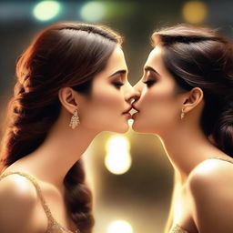 A detailed, realistic depiction of Kriti Sanon kissing Kiara Advani