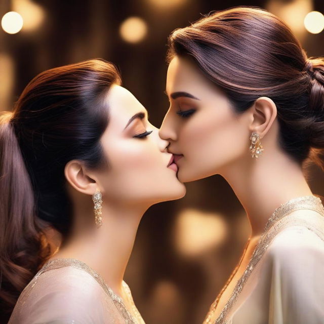 A detailed, realistic depiction of Kriti Sanon kissing Kiara Advani