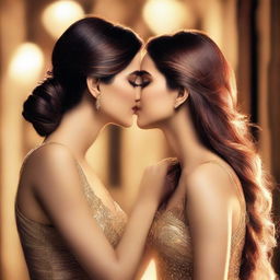 A detailed, realistic depiction of Kriti Sanon kissing Kiara Advani