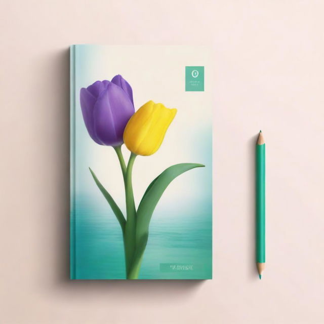 Create a book cover with a view of your choice, colored with shades of ocean blue, purple, green, yellow, white, and khaki