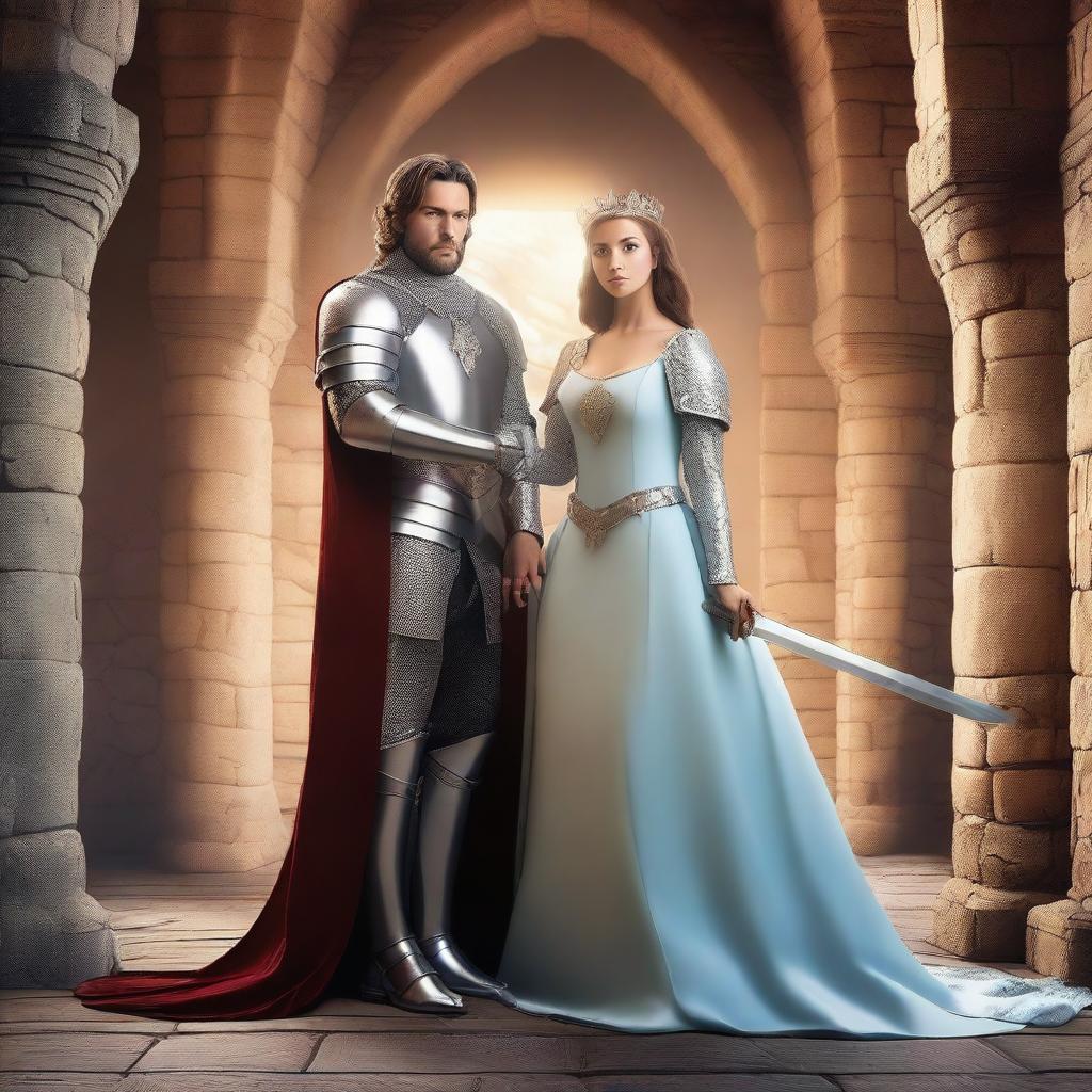 A beautiful princess standing next to a brave knight in shining armor in a medieval castle setting