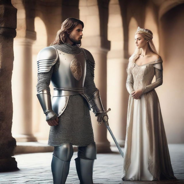 A beautiful princess standing next to a brave knight in shining armor in a medieval castle setting