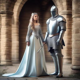 A beautiful princess standing next to a brave knight in shining armor in a medieval castle setting