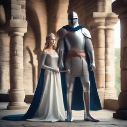 A beautiful princess standing next to a brave knight in shining armor in a medieval castle setting