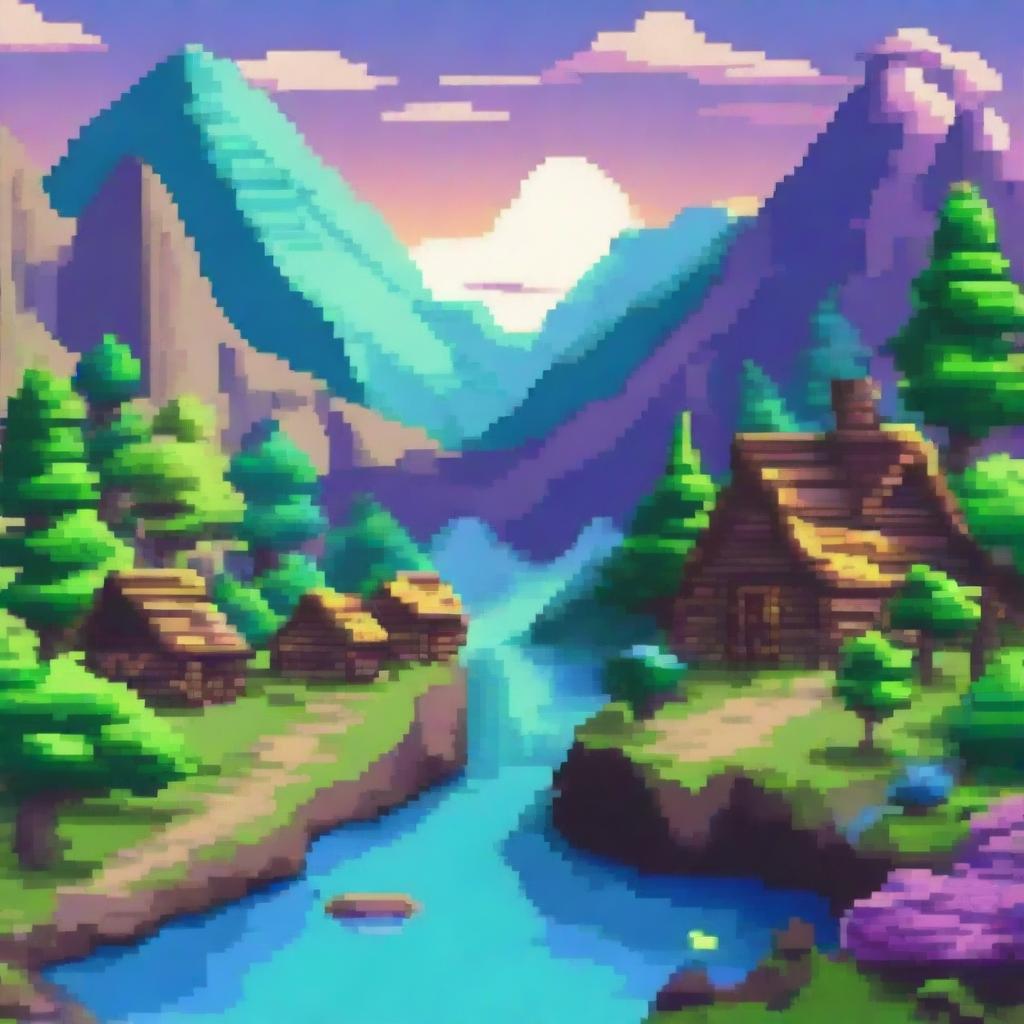 Create a vibrant and detailed piece of pixel art featuring a fantasy landscape with mountains, rivers, and a small village