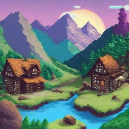 Create a vibrant and detailed piece of pixel art featuring a fantasy landscape with mountains, rivers, and a small village