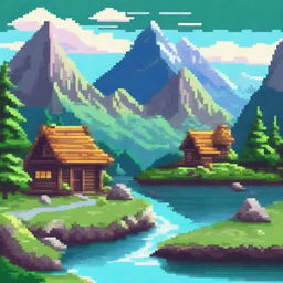 Create a vibrant and detailed piece of pixel art featuring a fantasy landscape with mountains, rivers, and a small village