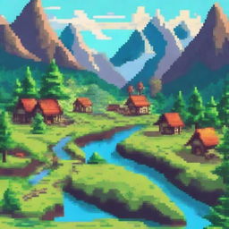 Create a vibrant and detailed piece of pixel art featuring a fantasy landscape with mountains, rivers, and a small village