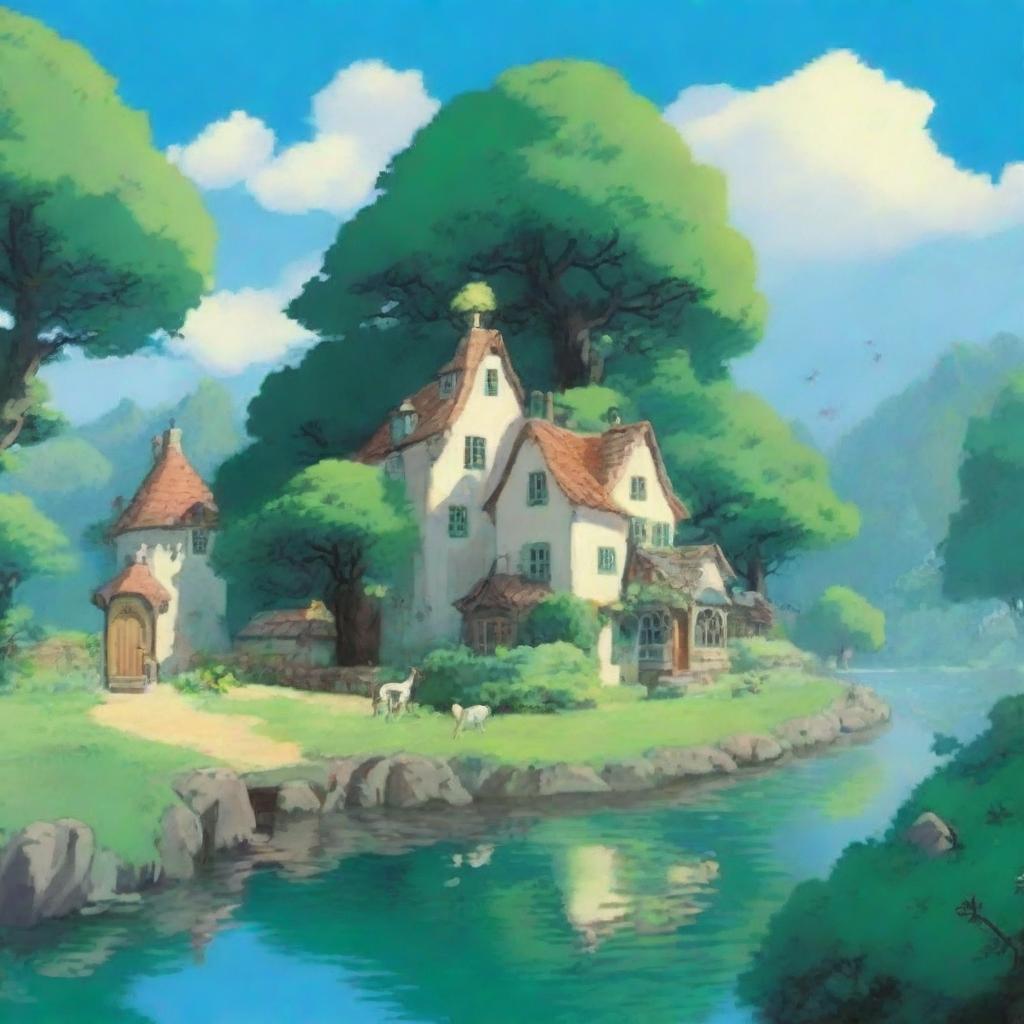 A serene and enchanting landscape in the style of Studio Ghibli, featuring lush green forests, a clear blue sky, and a quaint village with whimsical houses