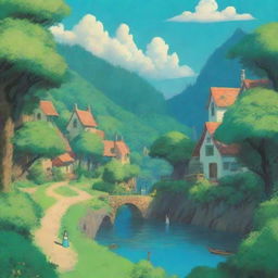 A serene and enchanting landscape in the style of Studio Ghibli, featuring lush green forests, a clear blue sky, and a quaint village with whimsical houses