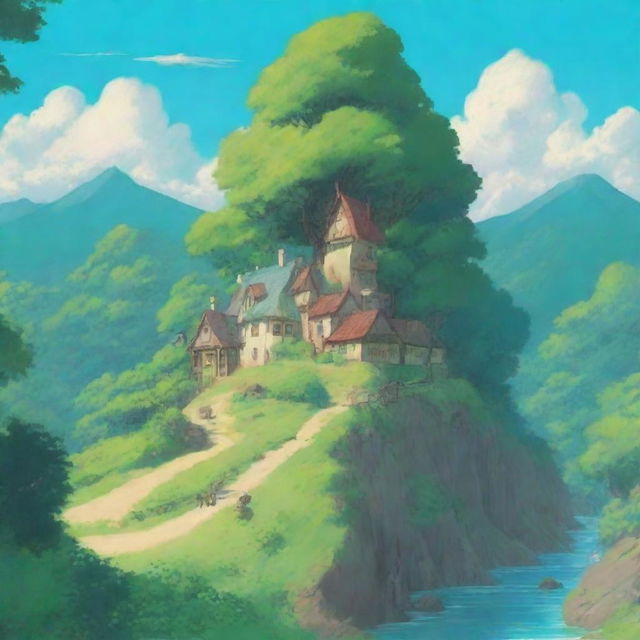 A serene and enchanting landscape in the style of Studio Ghibli, featuring lush green forests, a clear blue sky, and a quaint village with whimsical houses