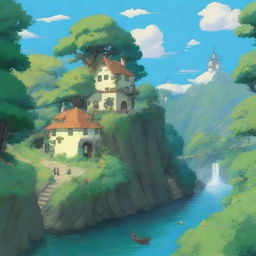 A serene and enchanting landscape in the style of Studio Ghibli, featuring lush green forests, a clear blue sky, and a quaint village with whimsical houses