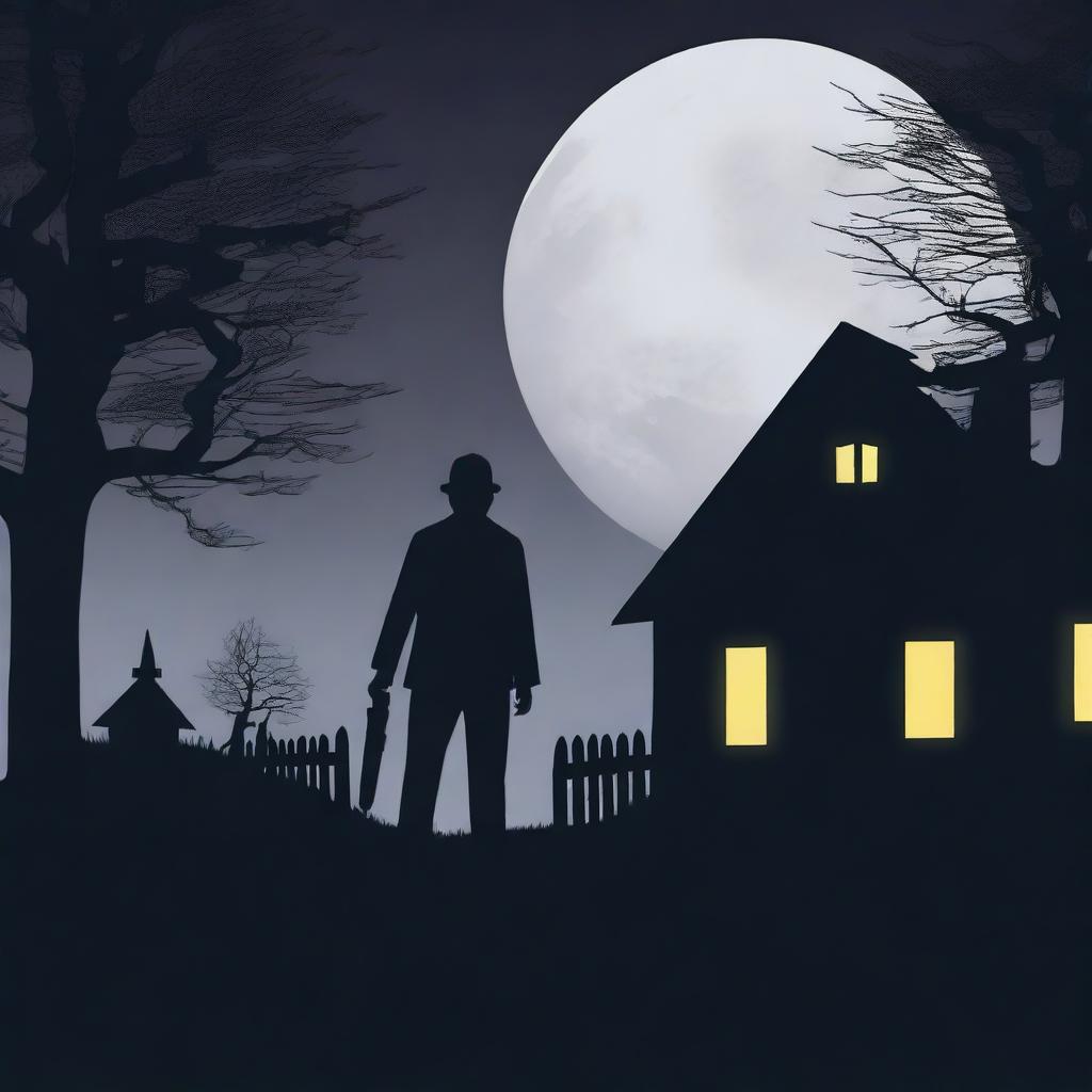 A shadow silhouette of a murderous man standing ominously and looking at a house at night