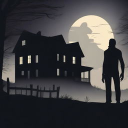 A shadow silhouette of a murderous man standing ominously and looking at a house at night