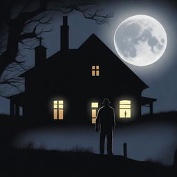 A shadow silhouette of a murderous man standing ominously and looking at a house at night