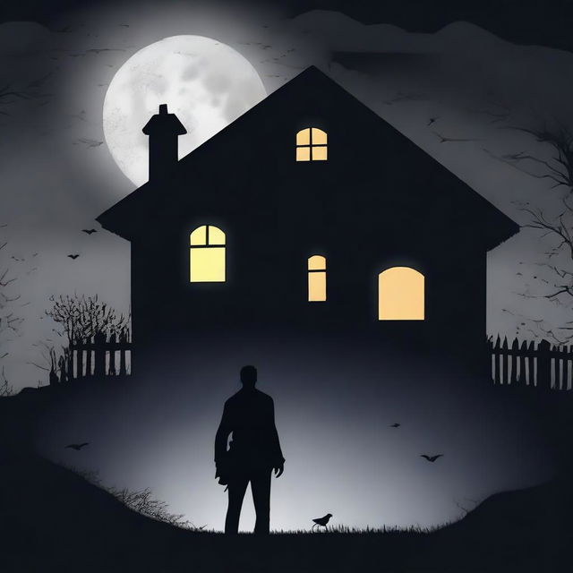 A shadow silhouette of a murderous man standing ominously and looking at a house at night