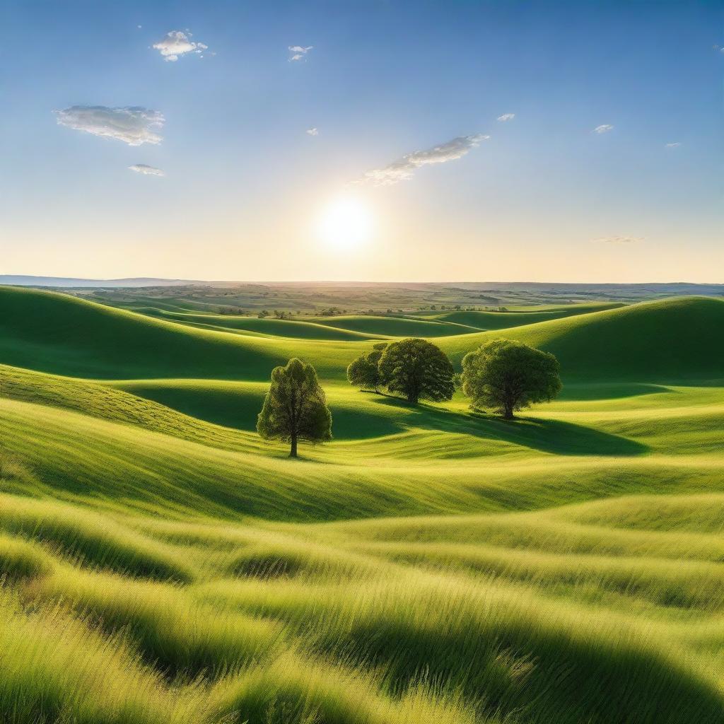 A breathtaking image of a wide-open landscape featuring rolling hills, a clear blue sky, and a distant horizon