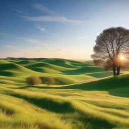 A breathtaking image of a wide-open landscape featuring rolling hills, a clear blue sky, and a distant horizon