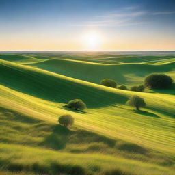 A breathtaking image of a wide-open landscape featuring rolling hills, a clear blue sky, and a distant horizon