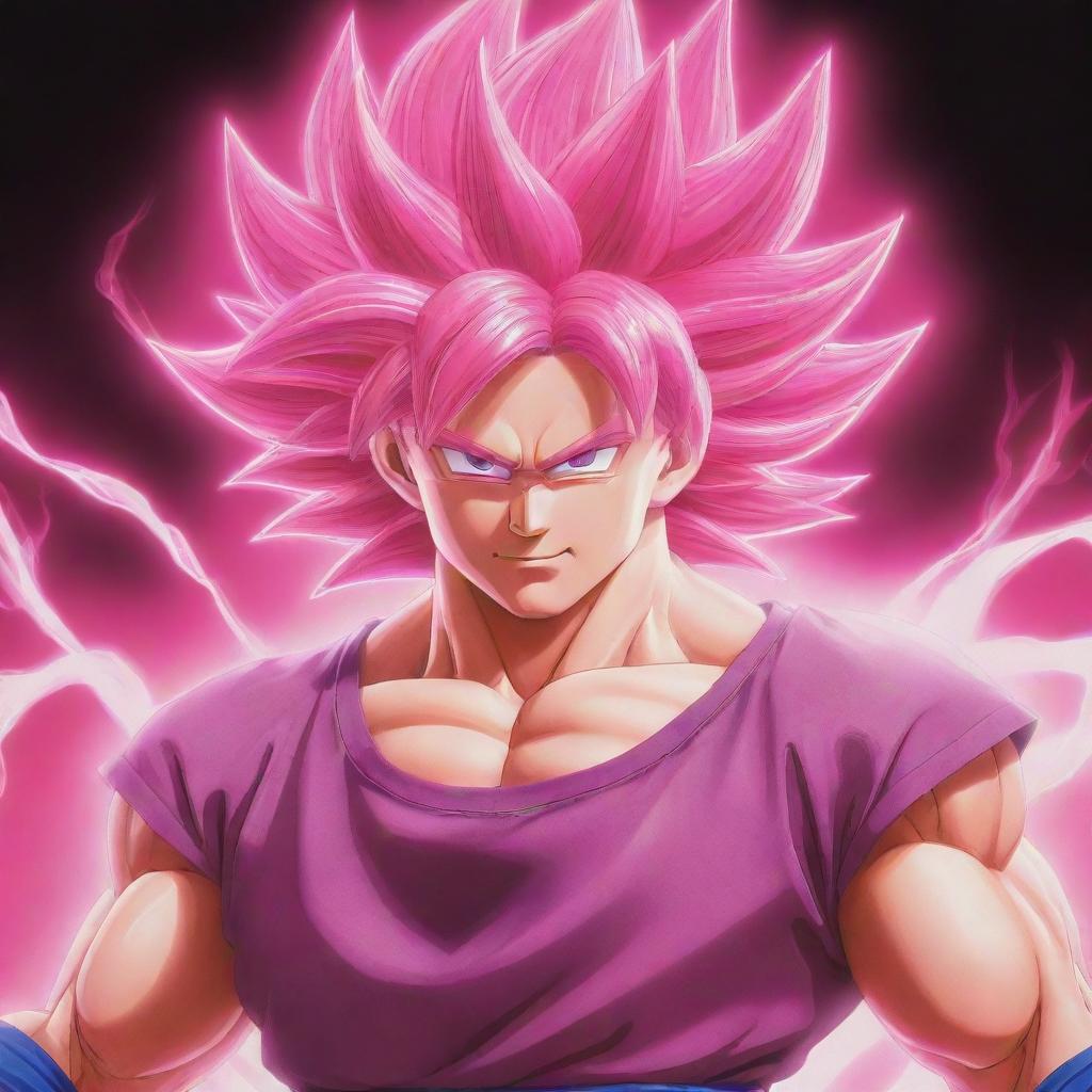 An illustration of Goku from Dragon Ball Z transformed into Super Saiyan Rose, featuring him with long hair glowing in a vibrant pink color