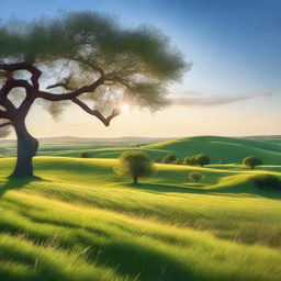 A breathtaking image of a wide-open landscape featuring rolling hills, a clear blue sky, and a distant horizon