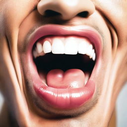 A close-up image of a face with a wide open mouth and tongue sticking out