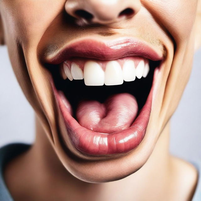 A close-up image of a face with a wide open mouth and tongue sticking out