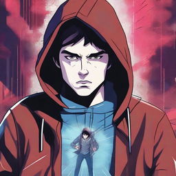 A young brunette guy in a hoodie, depicted in a comic book style, experiencing a virus infection