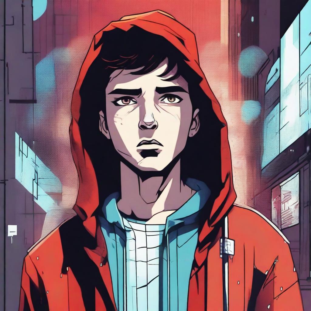 A young brunette guy in a hoodie, depicted in a comic book style, experiencing a virus infection