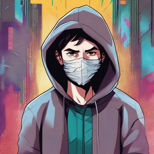 A 23-year-old young brunette guy in a hoodie, depicted in a comic book style, experiencing a virus infection