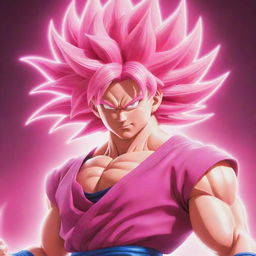 An illustration of Goku from Dragon Ball Z transformed into Super Saiyan Rose, featuring him with long hair glowing in a vibrant pink color