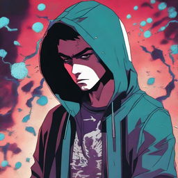 A 23-year-old young brunette guy in a hoodie, depicted in a comic book style, experiencing a virus infection