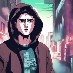 A 23-year-old young brunette guy in a hoodie, depicted in a comic book style, experiencing a virus infection